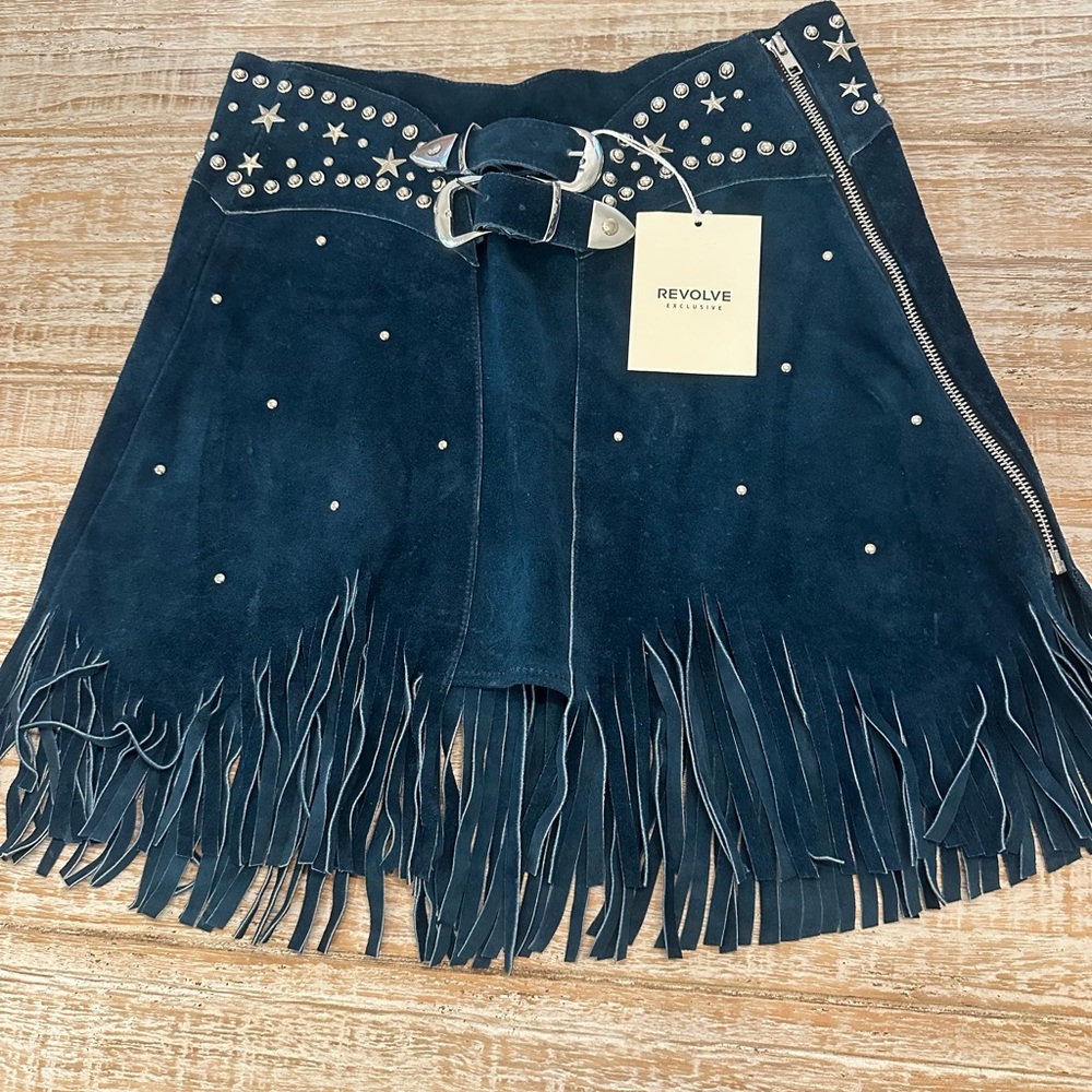 REVOLVE understated Black Suede Fringe Mini Skirt with Studs & Belt